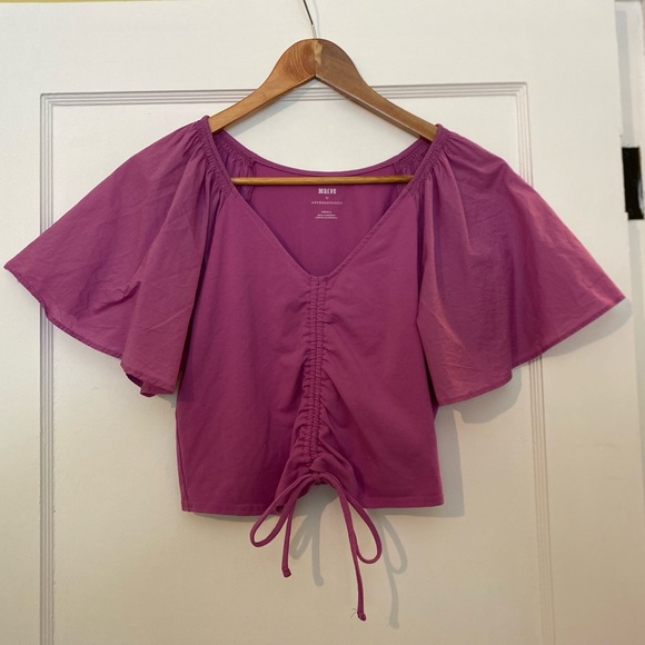 Anthropologie Pink Ruched Crop Top with V-Neck - Picture 2 of 3